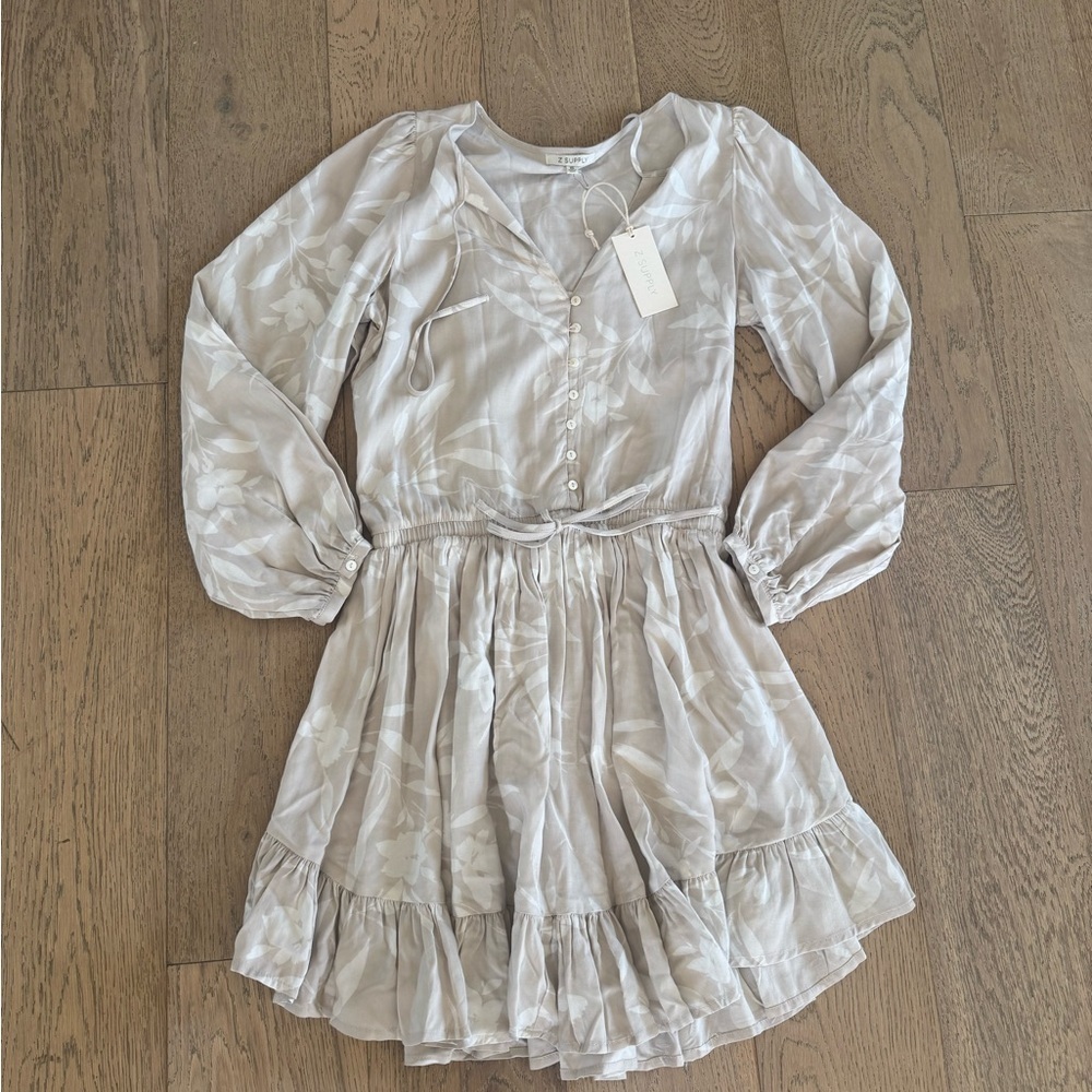 Z Supply Camila Mini Dress Tan Floral Print Long Sleeve Tiered Ruffle Size Small